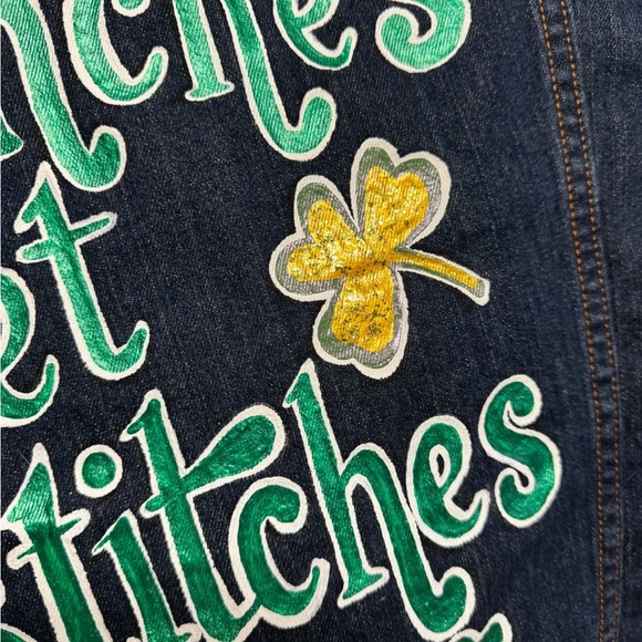 Hand Painted Jean Jacket: “Pinches Get Stitches”, St Patrick’s Day, Ladies XL - Picture 9 of 13